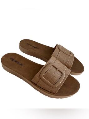 Egtin Netin Tan Faux Buckle PVC Slide Sandal 9 NEW